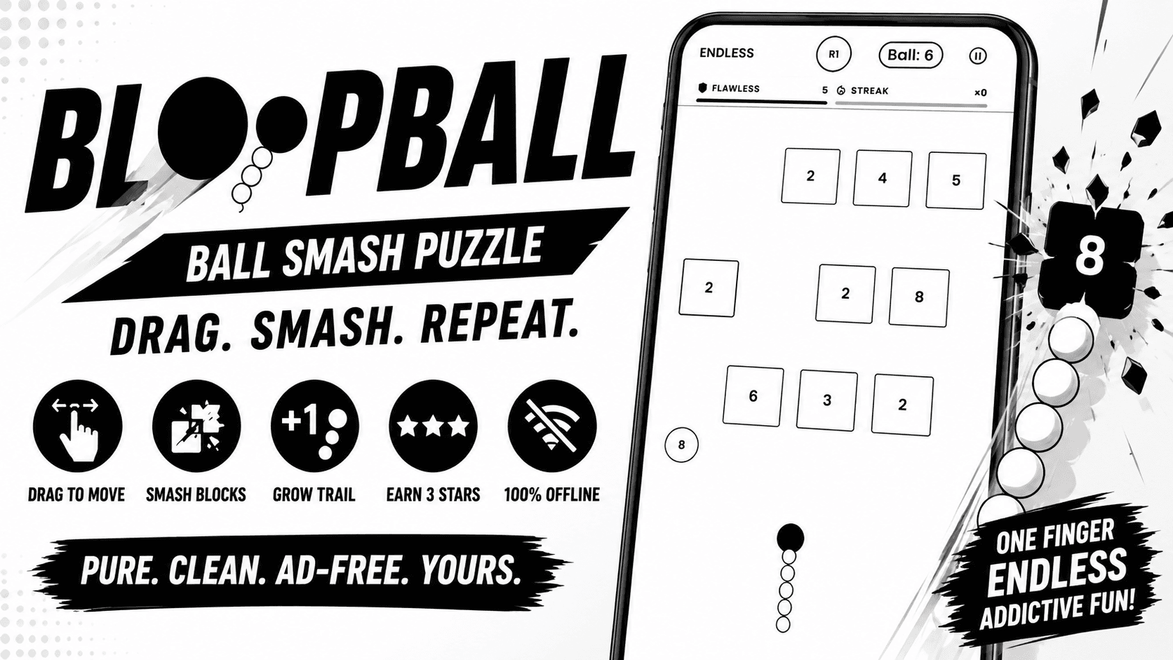 Bloopball Ball Smash Puzzle offline mobile game thumbnail with numbered blocks and ball trail gameplay.
