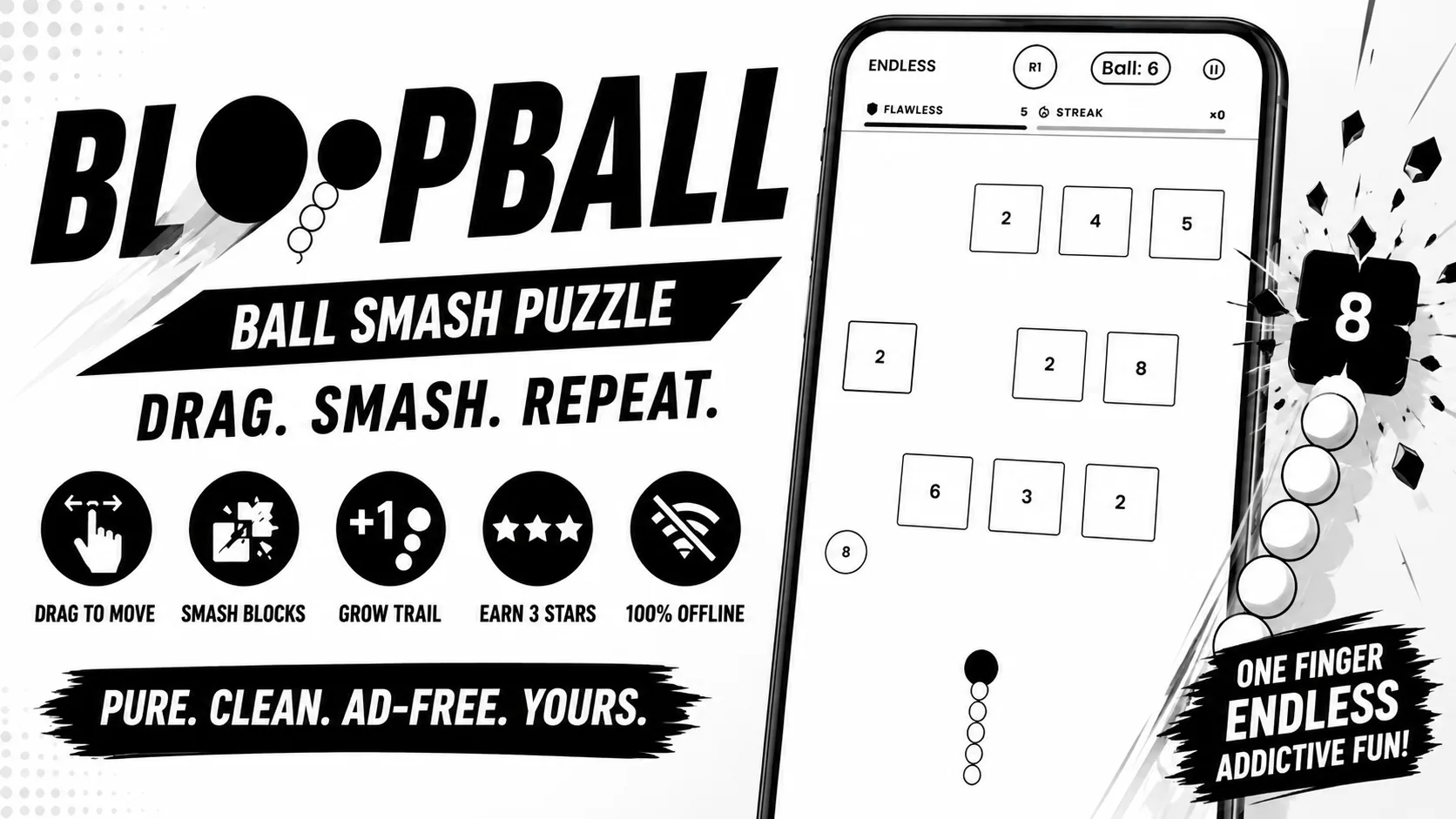 Bloopball Ball Smash Puzzle offline mobile game thumbnail with numbered blocks and ball trail gameplay.